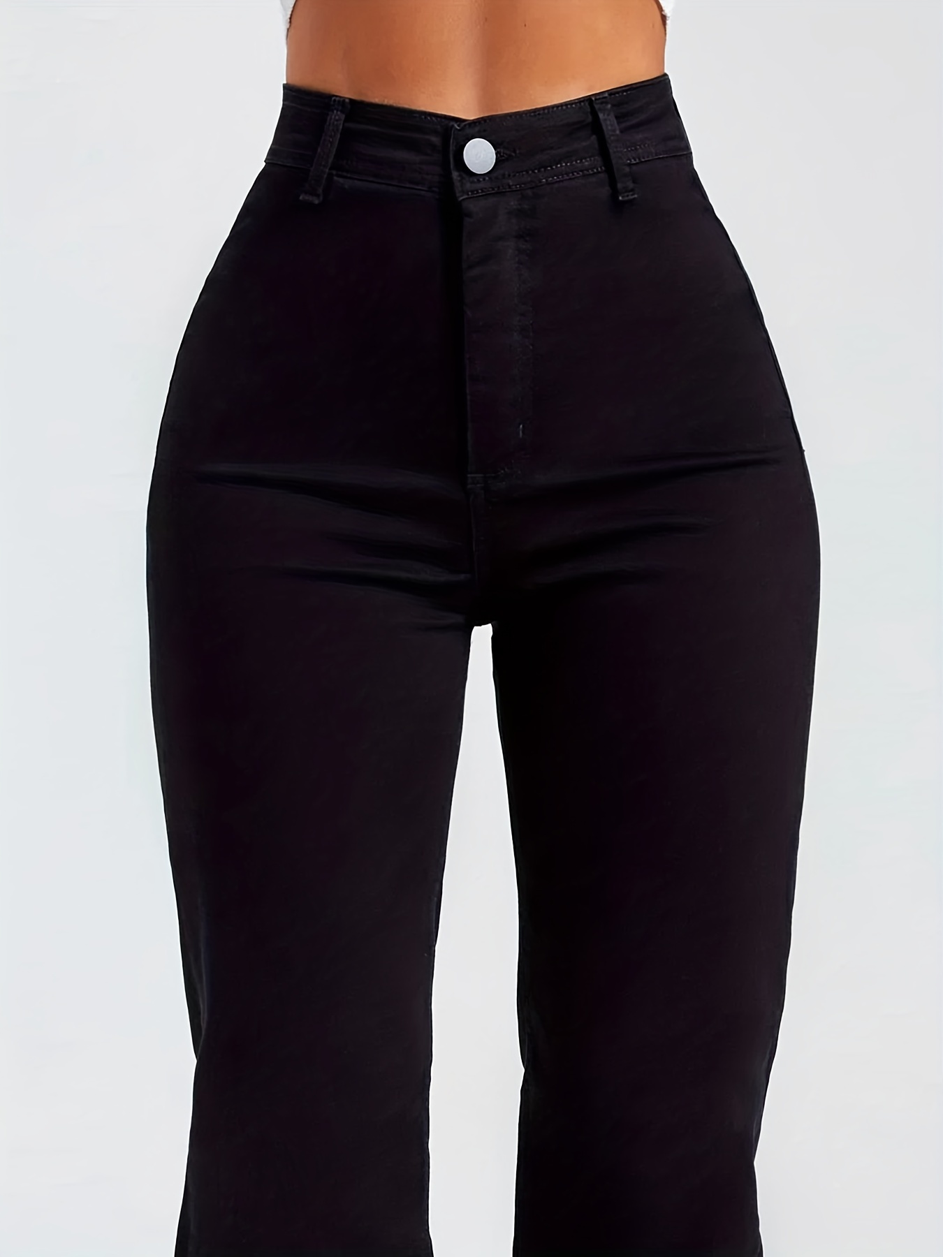 Black High * Flare Leg Jeans, Zipper Button Closure Solid Color Stretchy  Bell Bottoms Denim Pants, Women's Denim Jeans & Clothing