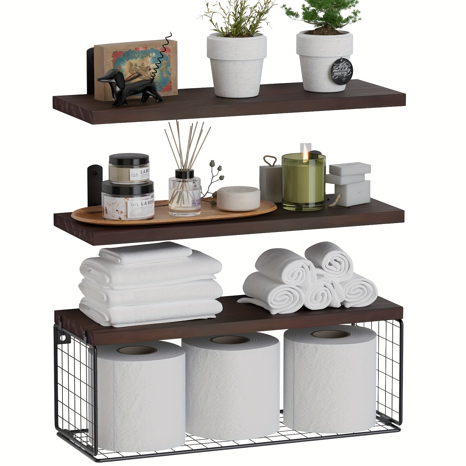 Toilet Wall-mounted Storage Rack With A Metal Wire Basket Wooden