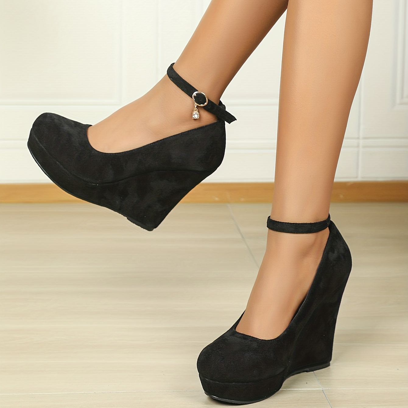 Women's Platform Wedge Heels, Flower Ankle Strap Round Toe High Heels,  Fashion Micro Suede Shoes