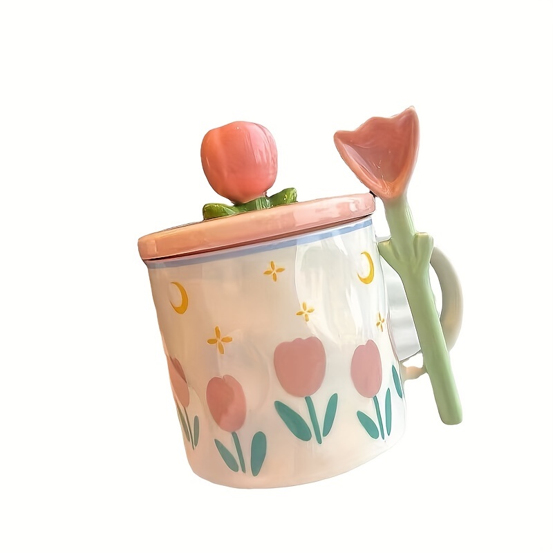 Tulip Ceramic Mug With Lid Spoon Straw Floral Cute Water Cup - Temu