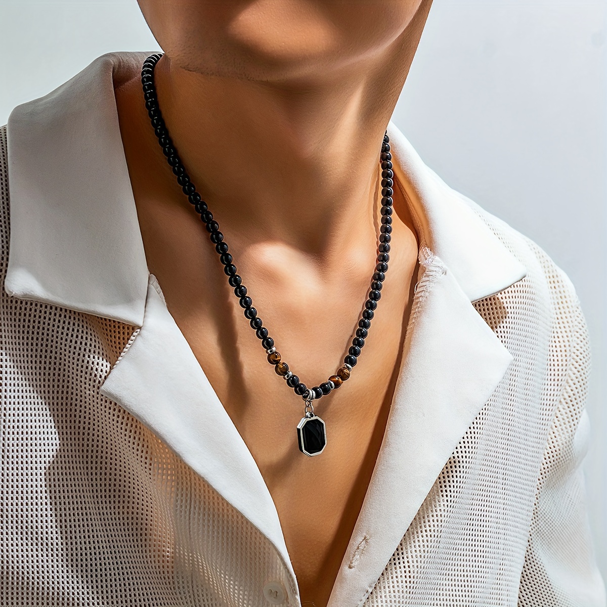1pc tiger stone beaded necklace hip hop clavicle chain accessories for men fathers day gift details 5