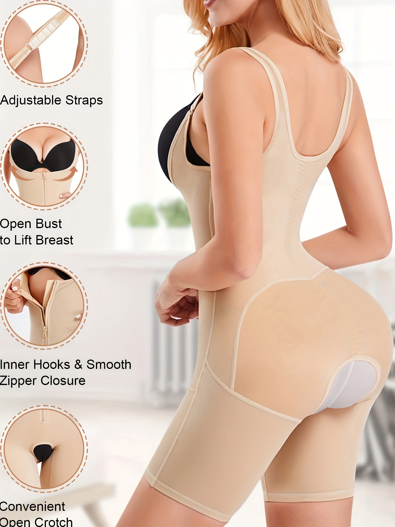 Butt enhancing tummy slimming open bust body shaper with front zipper  closure