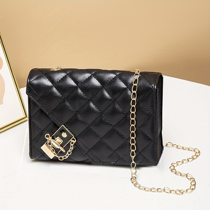 Mini Square Bag Solid Color Quilted Twist Lock Chain Strap