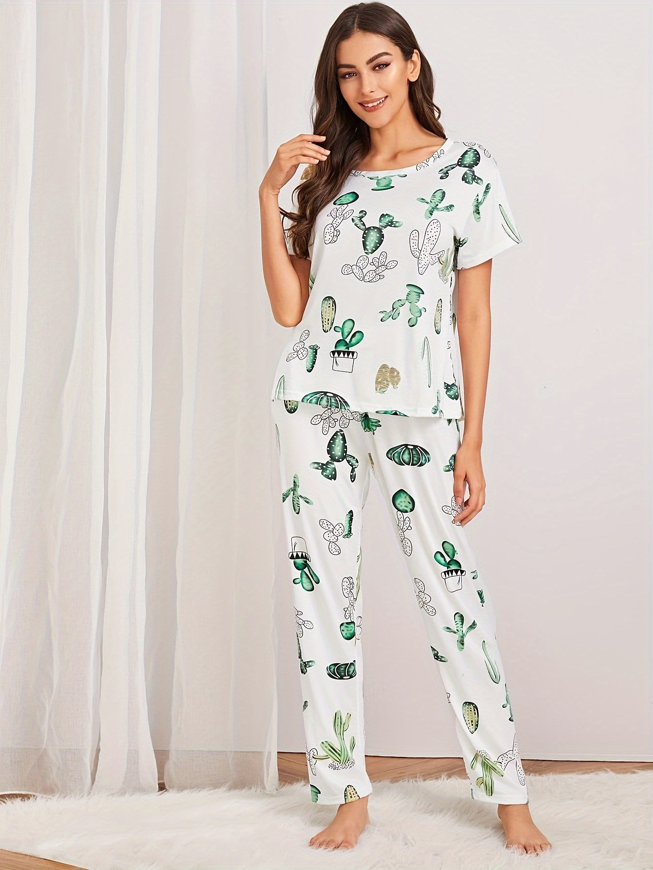 Casual Cactus Print Lounge Set Short Sleeve Crew Neck Top - Temu