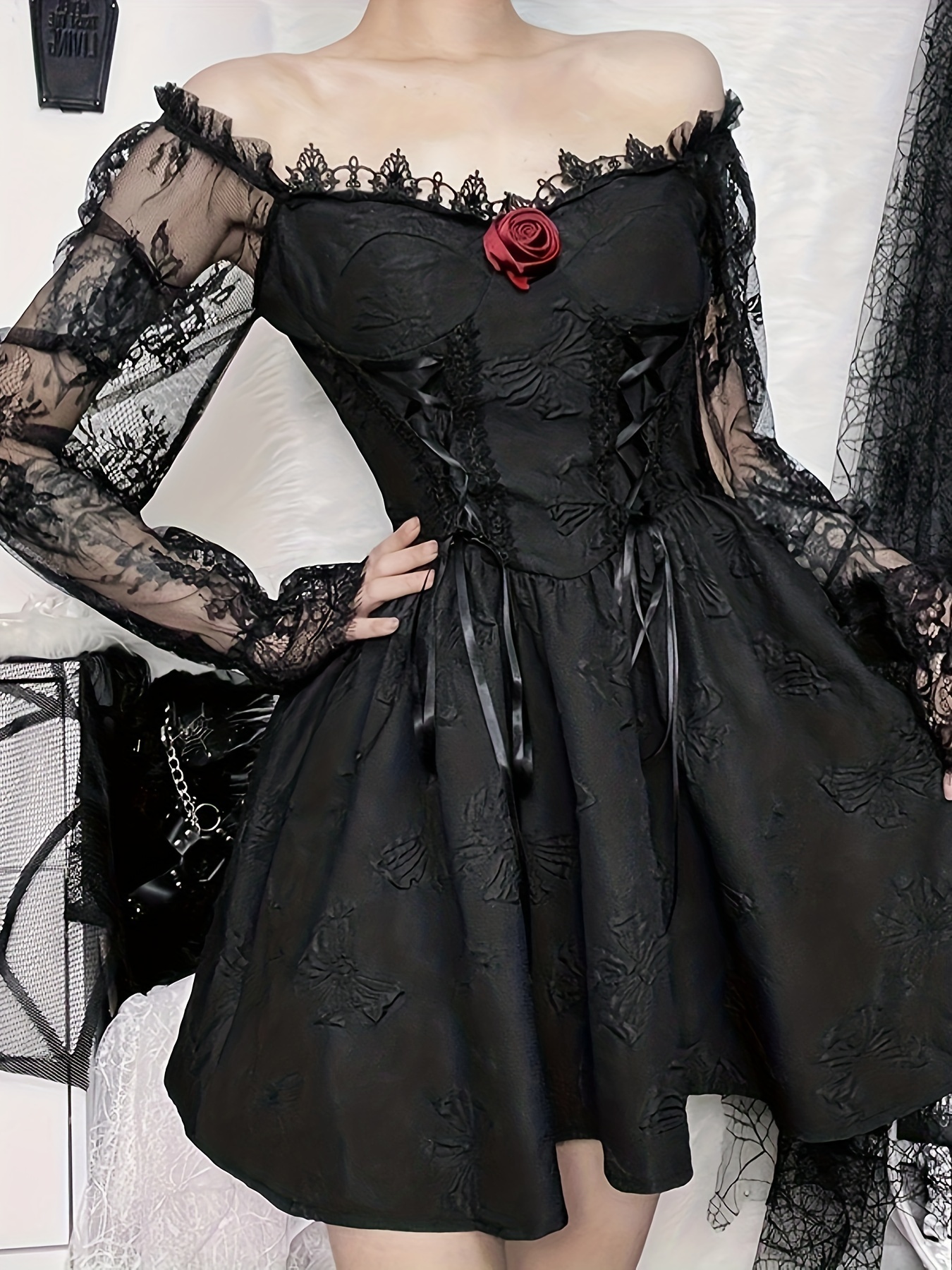 Gothic Contrast Lace Solid Dress, Dark Style Tie Front Long Sleeve Dress  With Floral Decor, Women's Clothing