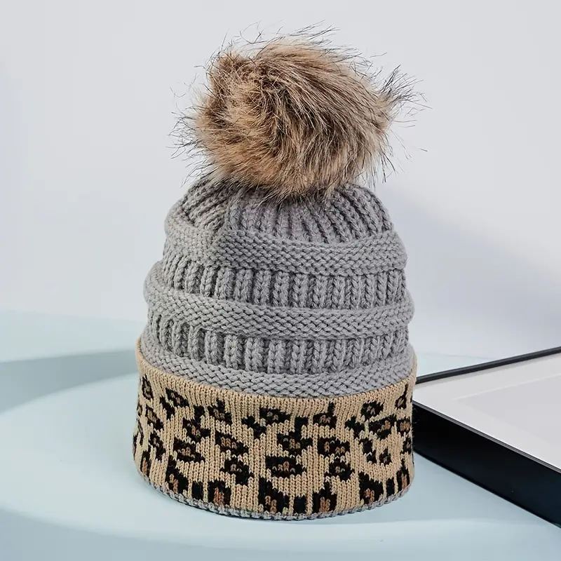 Leopard-Print Fur Ball Beanie Women's Fashion Knitted Warm Hat Fashion Woolen Hat Knitted Hat Embroidery Woolen Hat Hip-hop Valentines Gifts,Temu