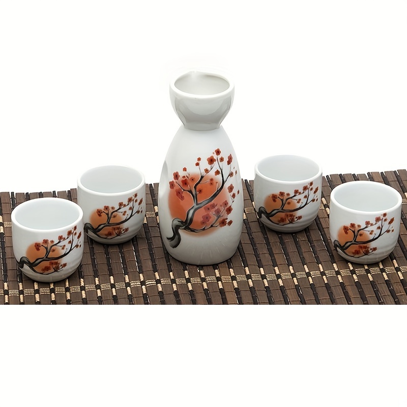 Japanese Sake Set With Four Cups Hand Painted Safflower Porcelain