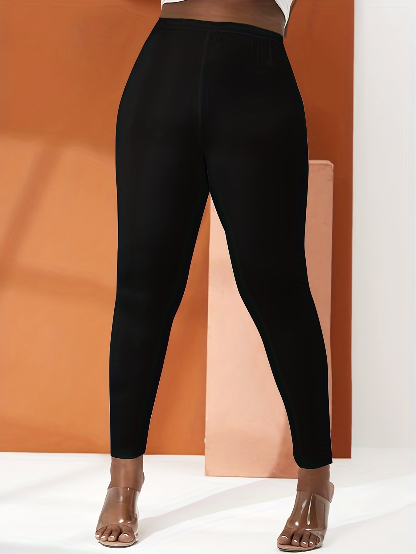 Plus Size Solid High * Elastic Skinny Pants, Women's Plus Medium Stretch  Casual Sports Leggings