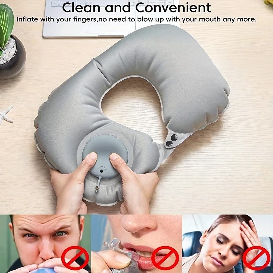 1pc U Shaped Neck Pillow Travel Essential Press type Inflatable U shaped Neck Pillow With Eye Mask And Earplugs Soft Velvet Inflatable Pillow For Office Airplane Home Washable Portable Comfortable And Convenient