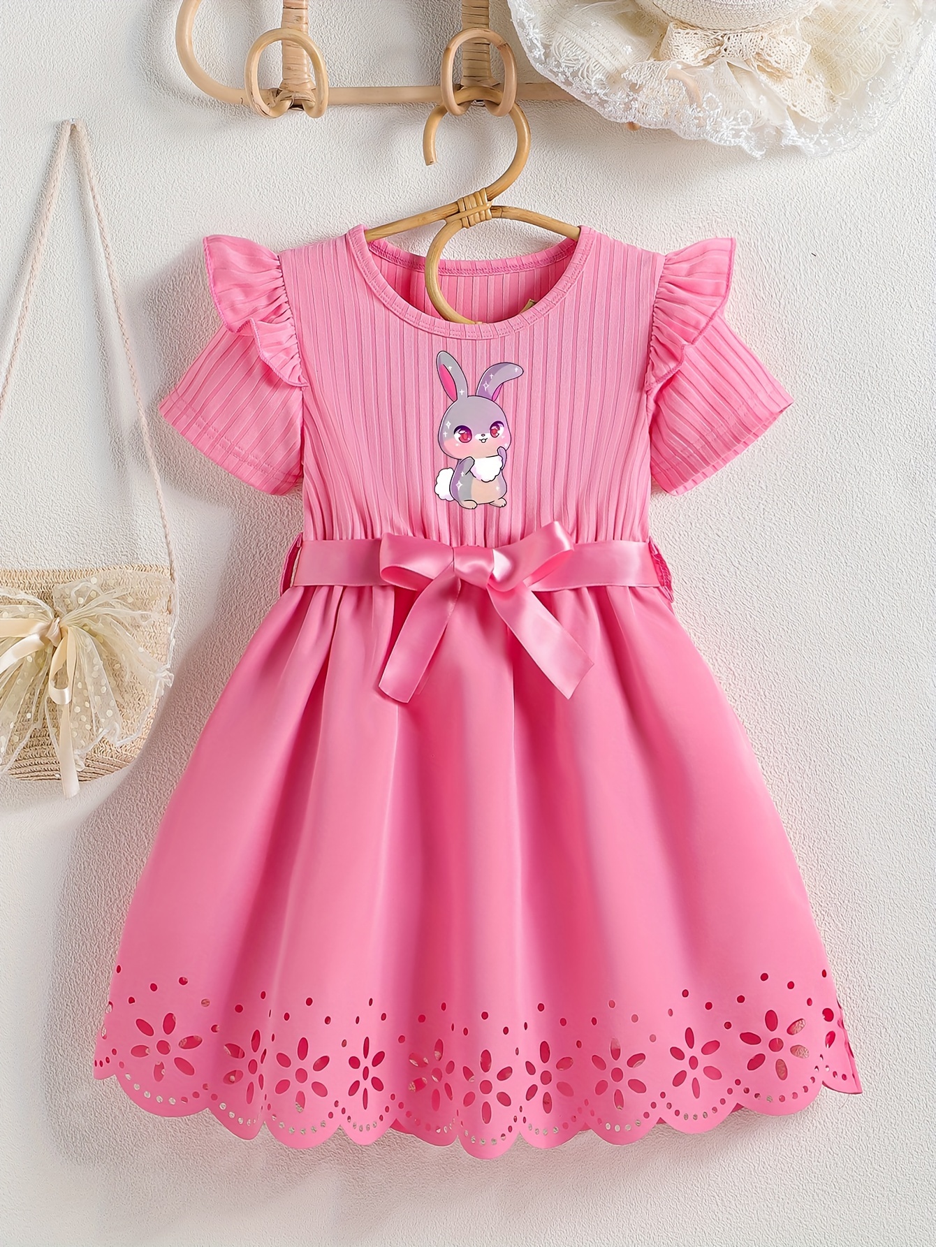 Toddler Girl Faux-two Bowknot Design Rabbit Pattern Floral Print Splice Short-sleeve Dress