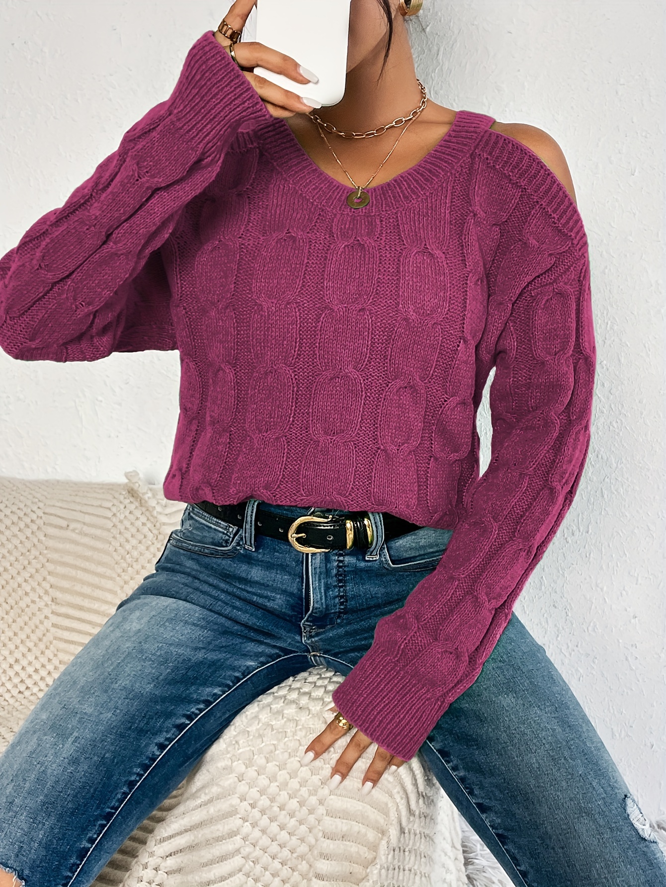 Purple cold hot sale shoulder sweater