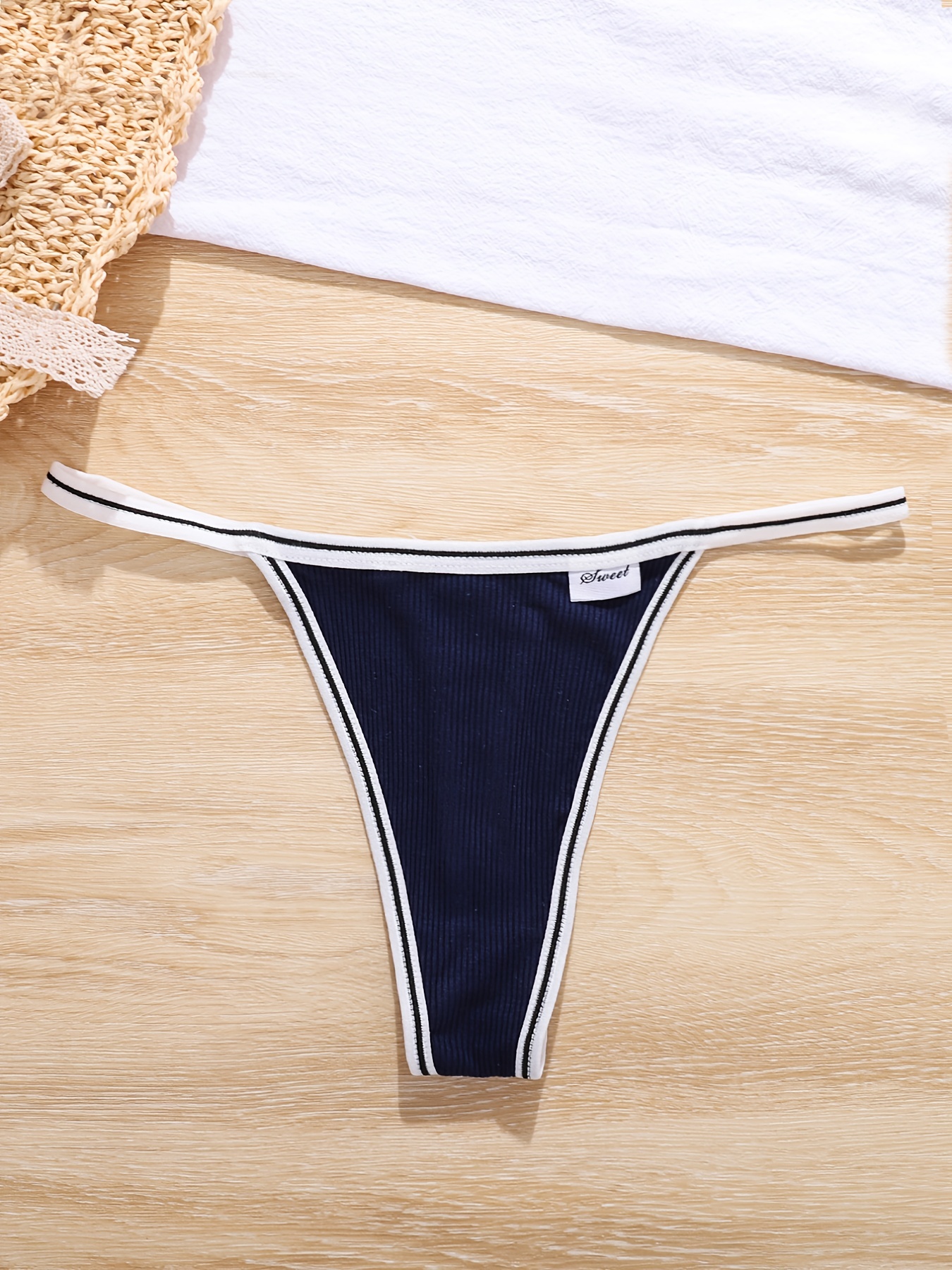 Sports Soft Thongs Striped Trim Ribbed Panties Women's - Temu