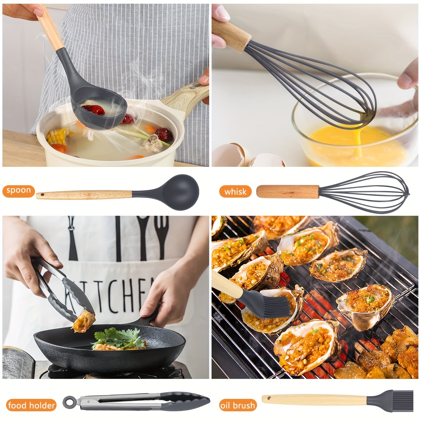 Best Silicone Cooking Utensils Set Non Stick Kitchenware Accessories Wooden  Handle Kitchen Tools Frying Spatula Soup