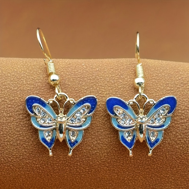 

Exquisite Blue Enamel Butterfly Design Shiny Zircon Decor Dangle Earrings Elegant Sexy Style Trendy Female Gift