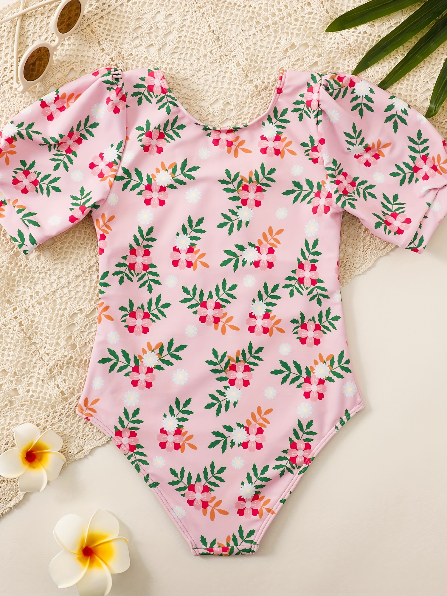 Girl's Cartoon Floral Pattern Onesie Swimsuit, Short Sleeve Bathing 