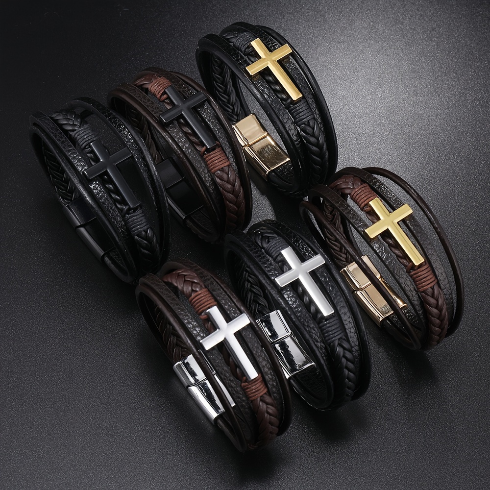 

1pc Fashion Magnetic Buckle Woven Pu Leather Bracelet, Cross Simple Bracelet Men's Versatile Bracelet, Father's Day Gift