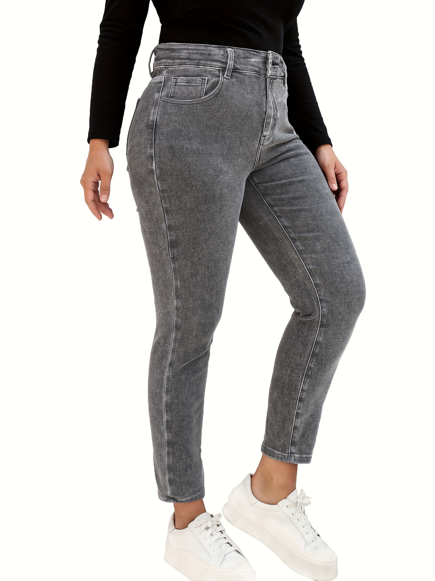 Plus Size Casual Jeans, Women's Plus High * Tummy Control High Stretch  Washed Skinny Jeans