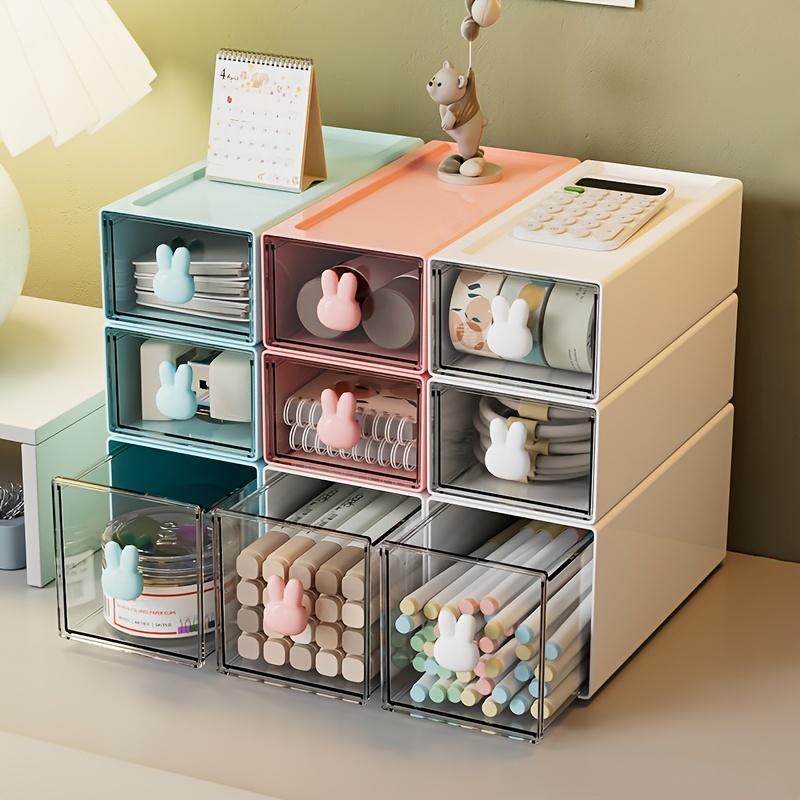 1pc Rabbit Storage Box With Transparent Drawer, Cute Organizer Box For  Office/school Stationery Or Children's Desktop, Pen Holder, Random Color