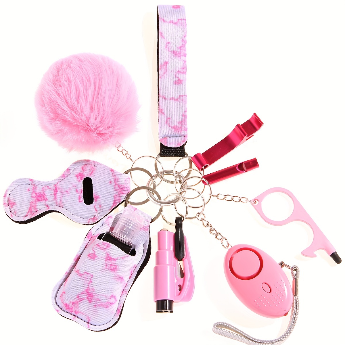 Safety Keychain Set Woman Gifts Alarm Pompom Keychain Travel - Temu