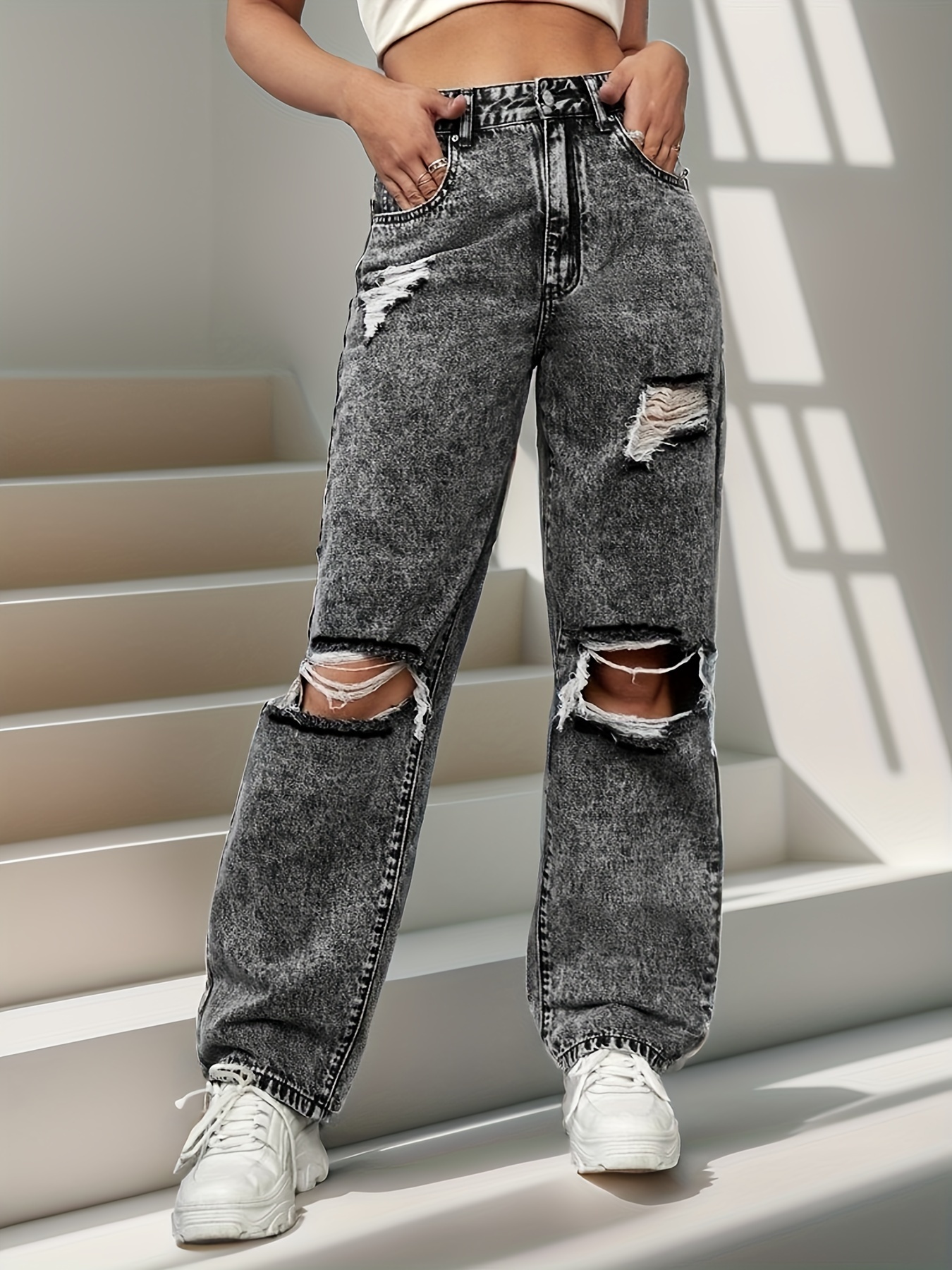 Ripped Holes Distressed Straight Jeans Loose Street Style - Temu
