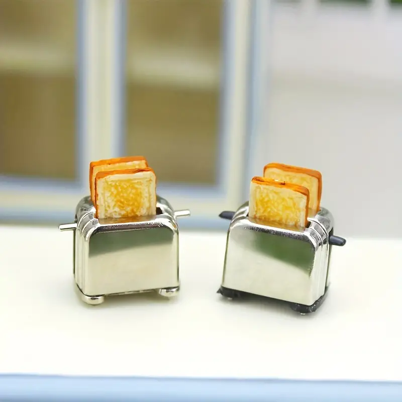 1:12 Scale Mini Metal Toaster Dollhouse Accessory - Simulated Bread Cooker  Pretend Play Toy Includes 1 Alloy Toaster & 2 Resin Toasts - Perfect Gift I