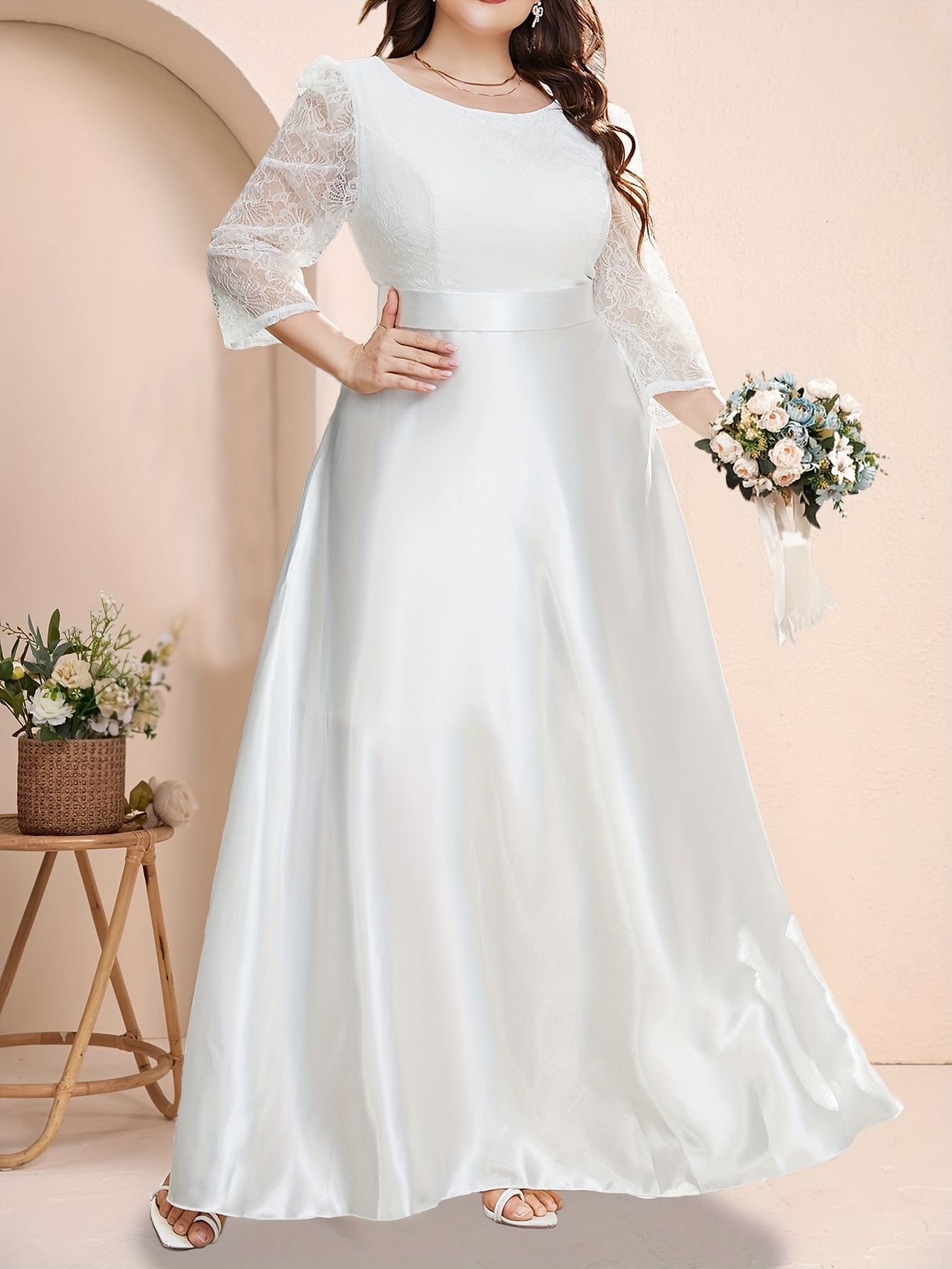 Plus Size Elegant Wedding Dress, Women's Plus Floral Embroidery Mermaid  Tail Lace Long Sleeve V Neck Double Layer Backless Wedding Dress