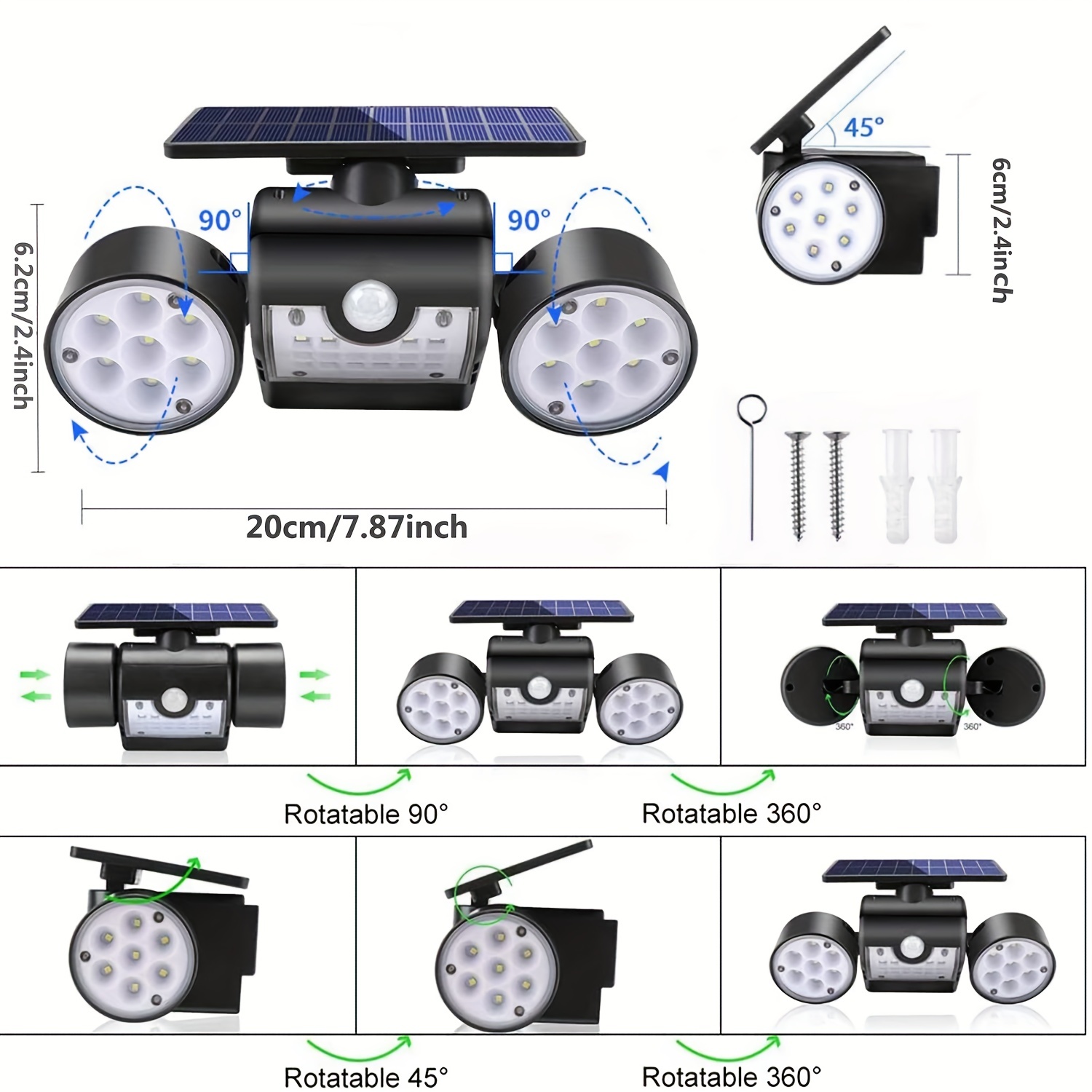  Fatpoom Luces solares para exteriores, con sensor de movimiento,  luces solares de pared con focos de doble cabeza, 30 LED, impermeables,  360°, luces de movimiento solares ajustables al aire libre para