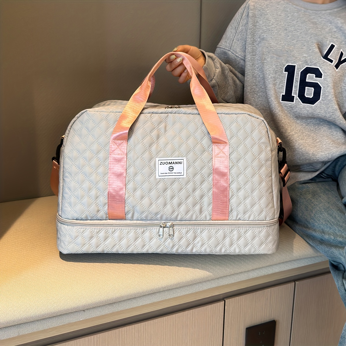 lightweight argyle pattern luggage bag large capacity travel duffle bag portable overnight bag details 21