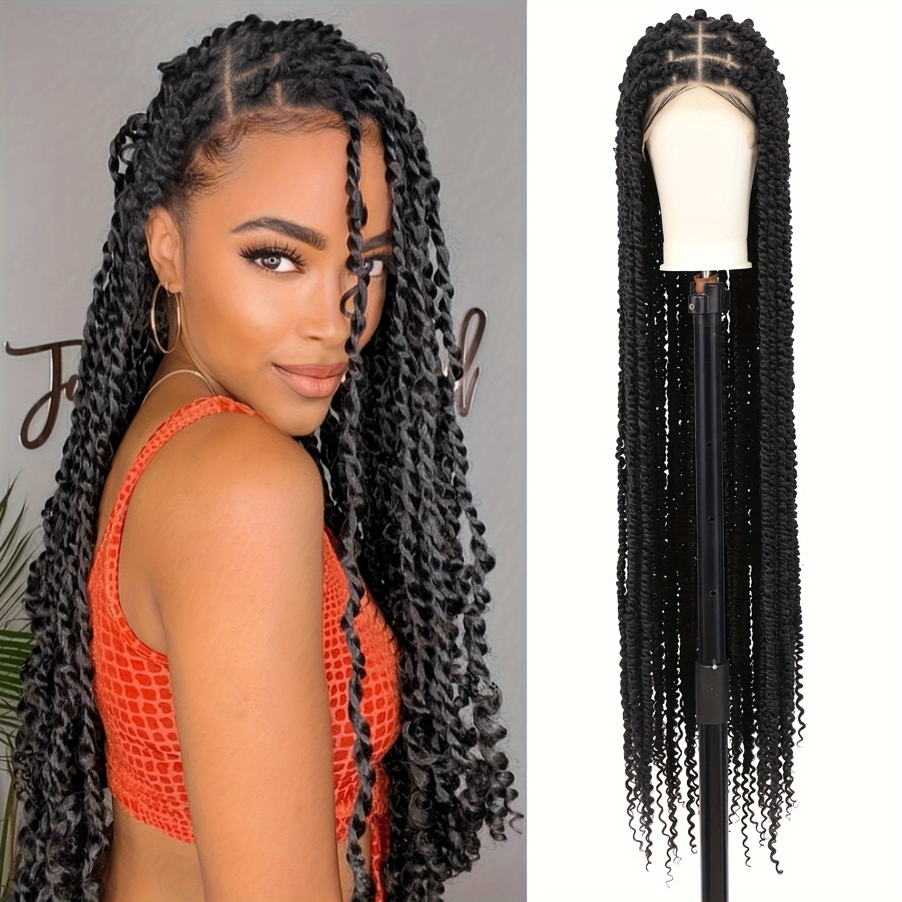 46 Twist Braided Wigs Lace Front Braid Wigs with Baby Hair Embroidery Full  Double Lace Triangle Knotless Twisted Braids Wig for Women Mix Black