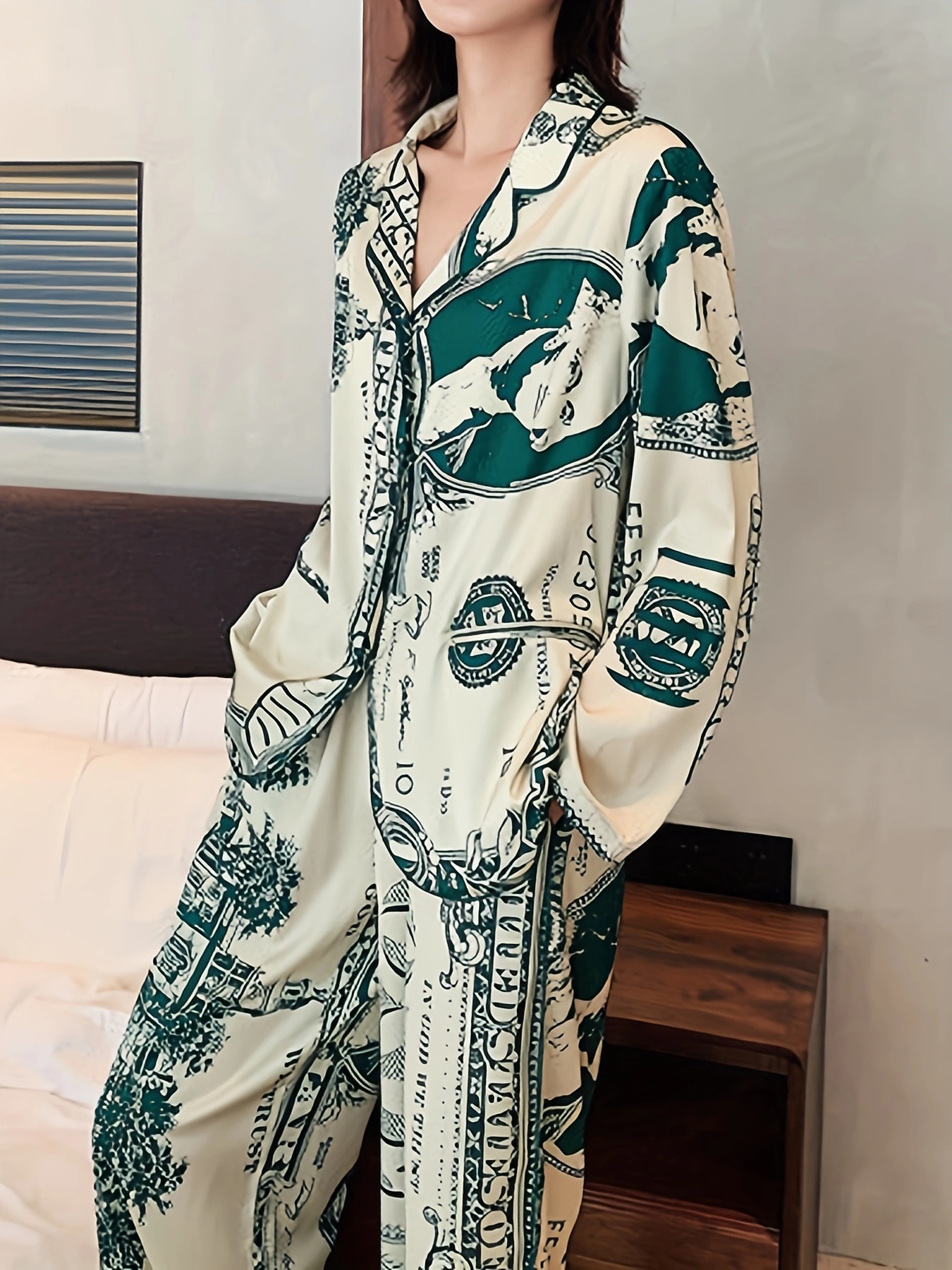 Geometric Print Pajama Set, Long Sleeve Button Up Top & Elastic Waistband  Pants, Women's Sleepwear & Loungewear - Temu Belgium