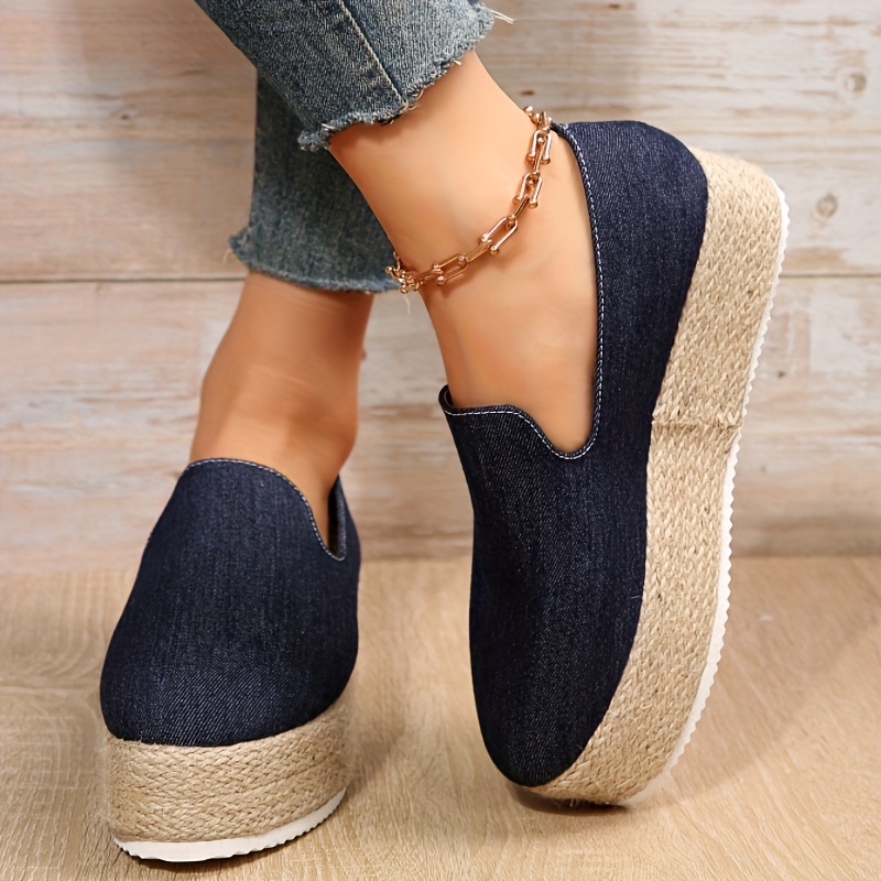Solid Color Denim Plain Toe Shoes, Women's Denim Women's Denim Casual Slip on Lightweight Comfortable Shoes,Temu