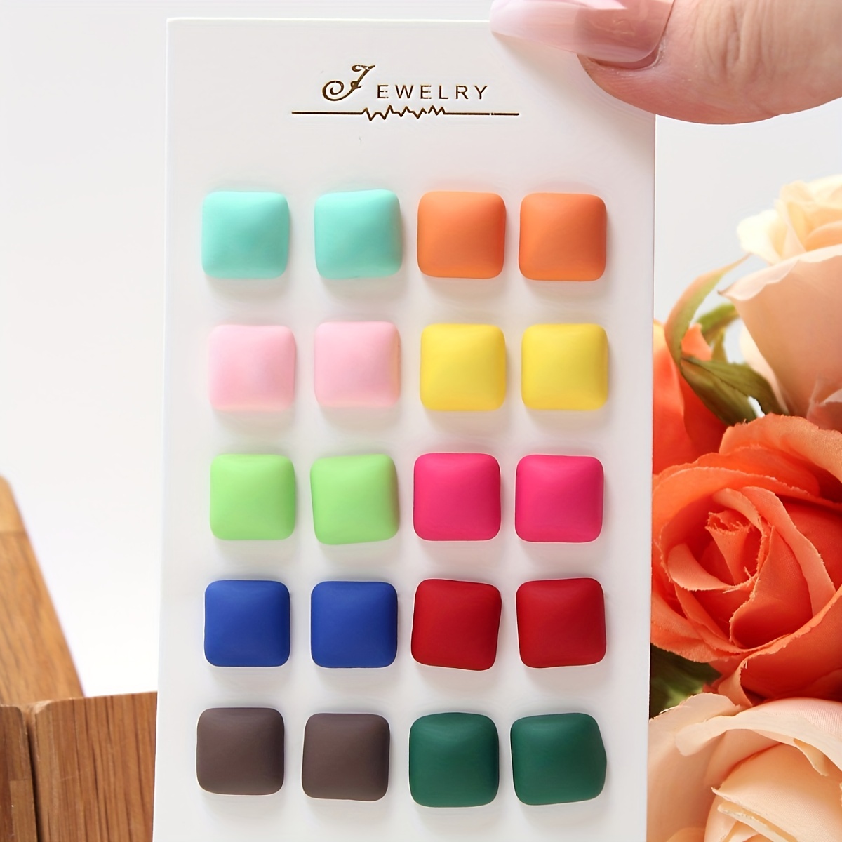 

10 Pairs Set Colorful Resin Stud Earrings For Women Girls Vintage Elegant Style Round And Square Shaped Female Ear Ornaments