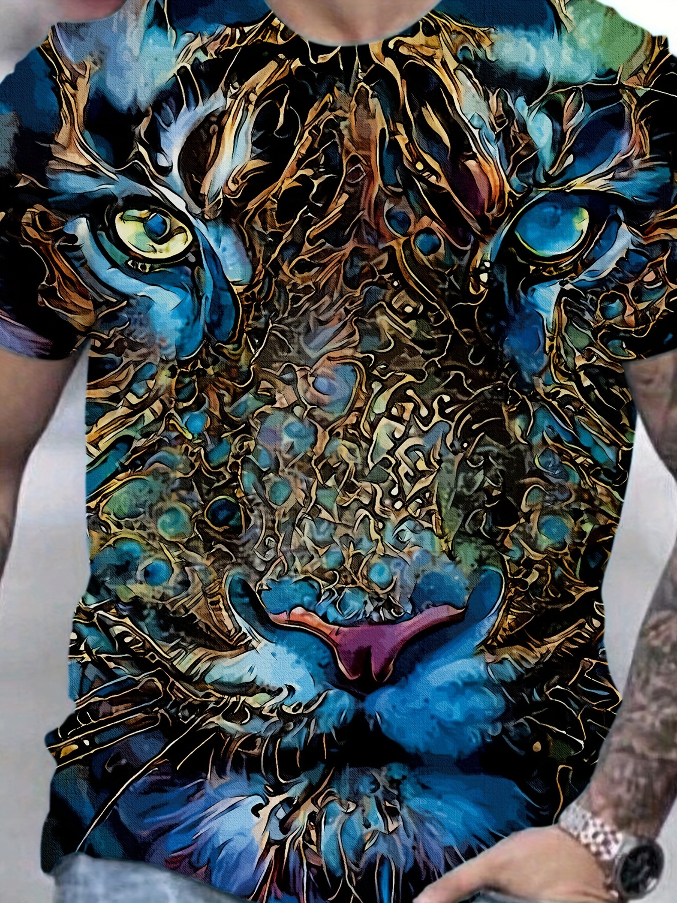 Plus Size Men's Creative Jewel Tiger Graphic T-shirt For Summer, Stretchy  Comfy Fabric Clothing - Temu South Korea