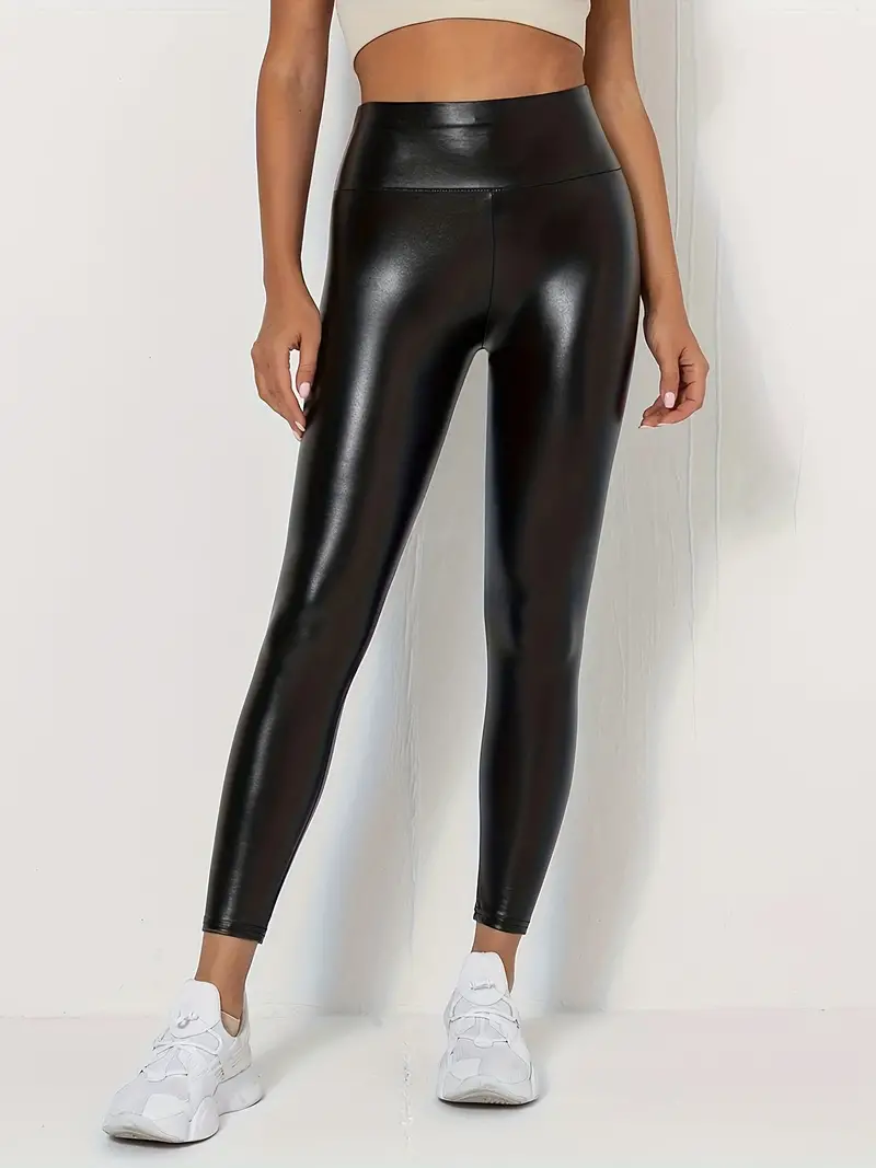 Women's Stretchy Faux Leather Leggings High Waist Solid - Temu
