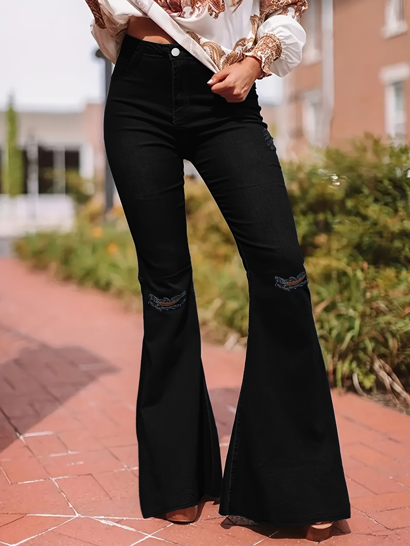 Black Ripped Holes Flare Jeans Hem High Stretch Fashion - Temu