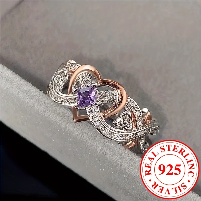 925 Sterling Silver Infinity Heart Ring with Purple Zirconia