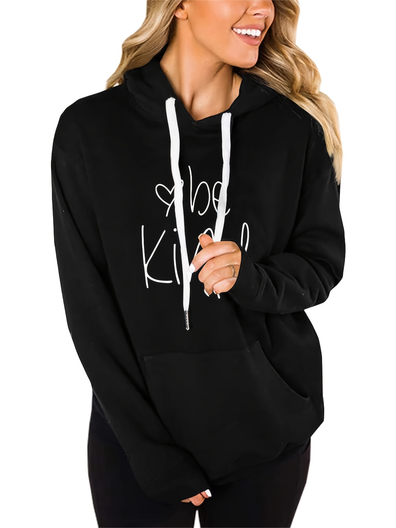 Be Kind Letter Print Kangaroo Pocket Hoodie Long Sleeve Temu