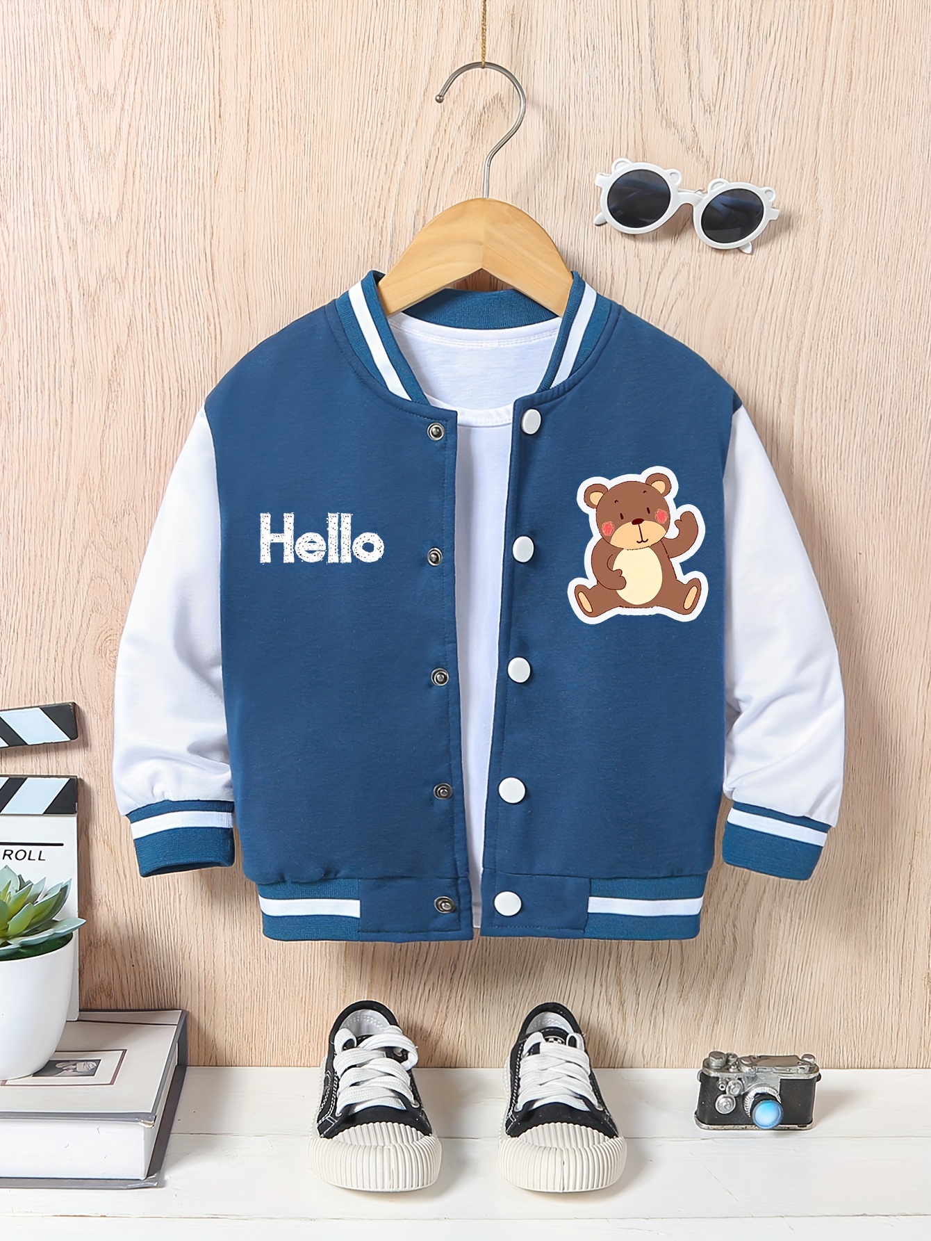Bear Hello Print Varsity Jacket For Kids Casual Bomber - Temu