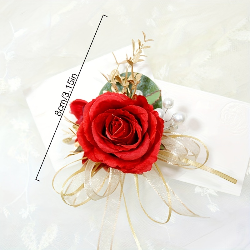 Ivory Rose Wrist Corsage Wristlet Band Bracelet and Boutonniere Set for Men  Women Bride Bridesmaid Wedding Prom Flowers Accessories (A-Boutonniere 