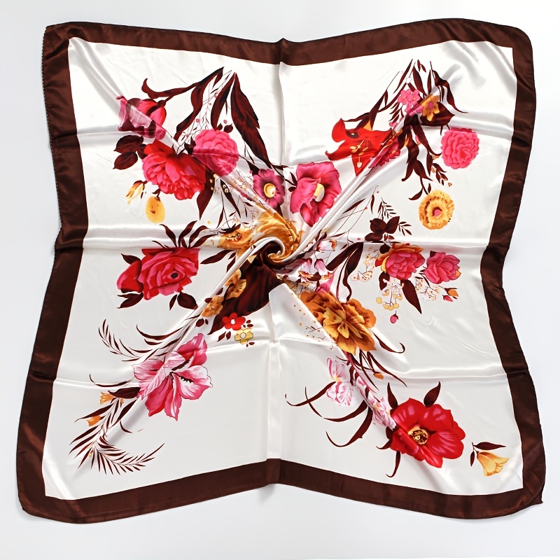 Vintage Flower Print Square Scarf Satin Shawl Windproof Head Wrap