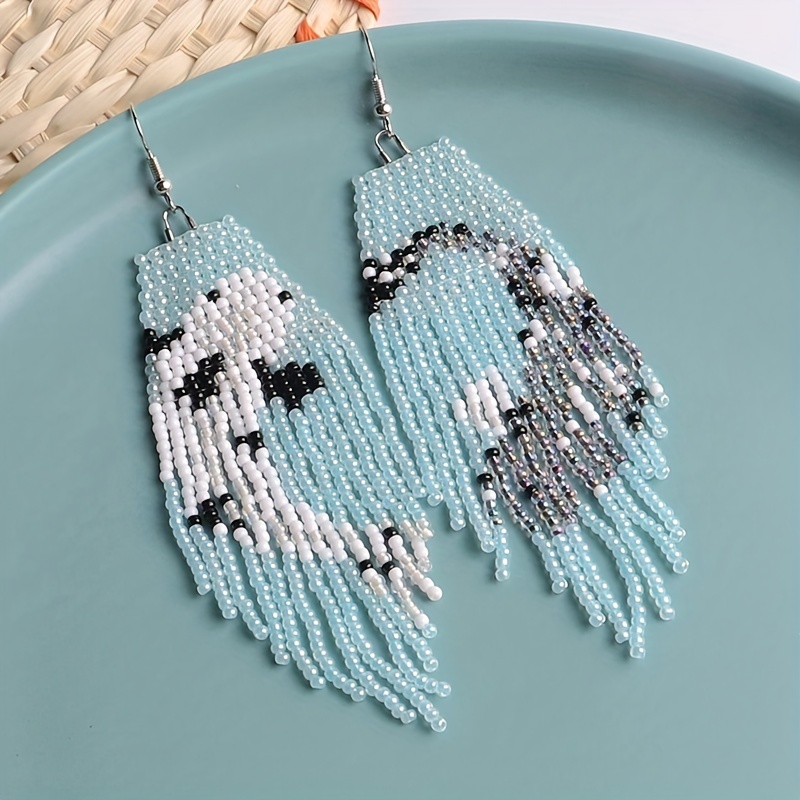 2pcs Fashion Bohemian Fish Pattern Colorful Beaded Tassel Earrings