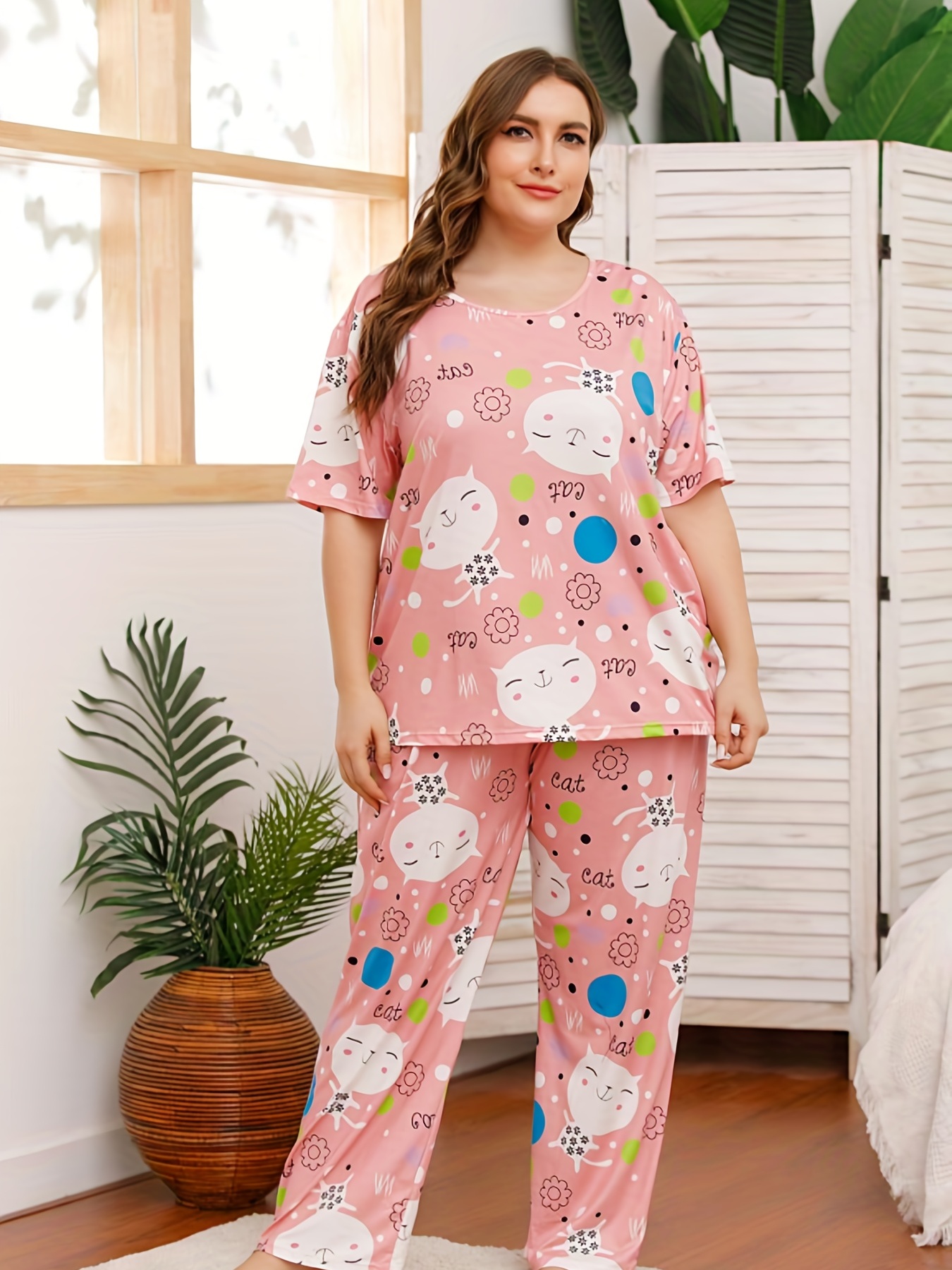 Plus Size Casual Pajama Set, Women's Plus Ombre Leopard Print Short Sleeve  Top & Pants Pajama Two Piece Set