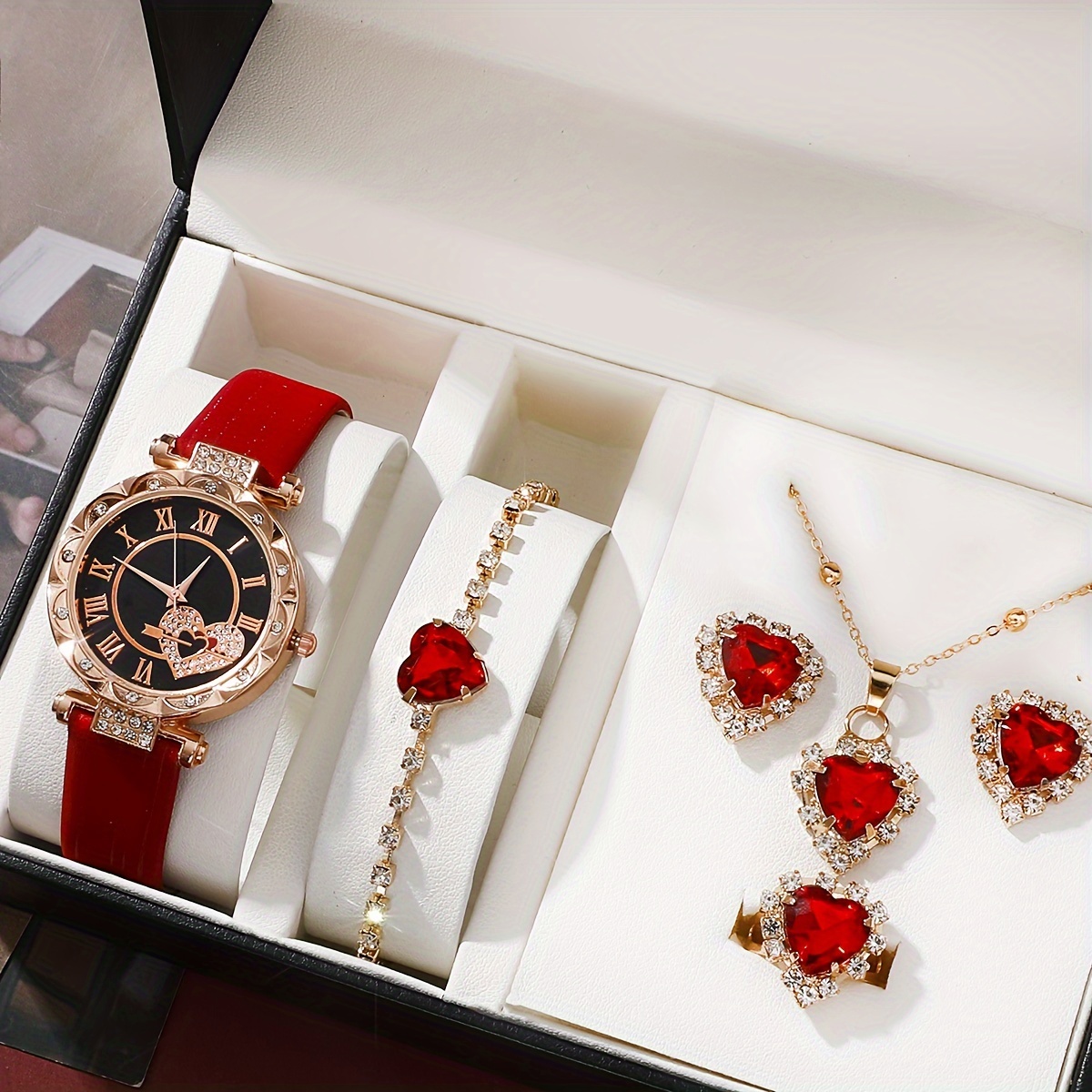 

6pcs/set Women's Romantic Heart Quartz Watch Luxury Rhinestone Analog Wrist Watch & Jewelry Set, Valentine's Day Gift For Her