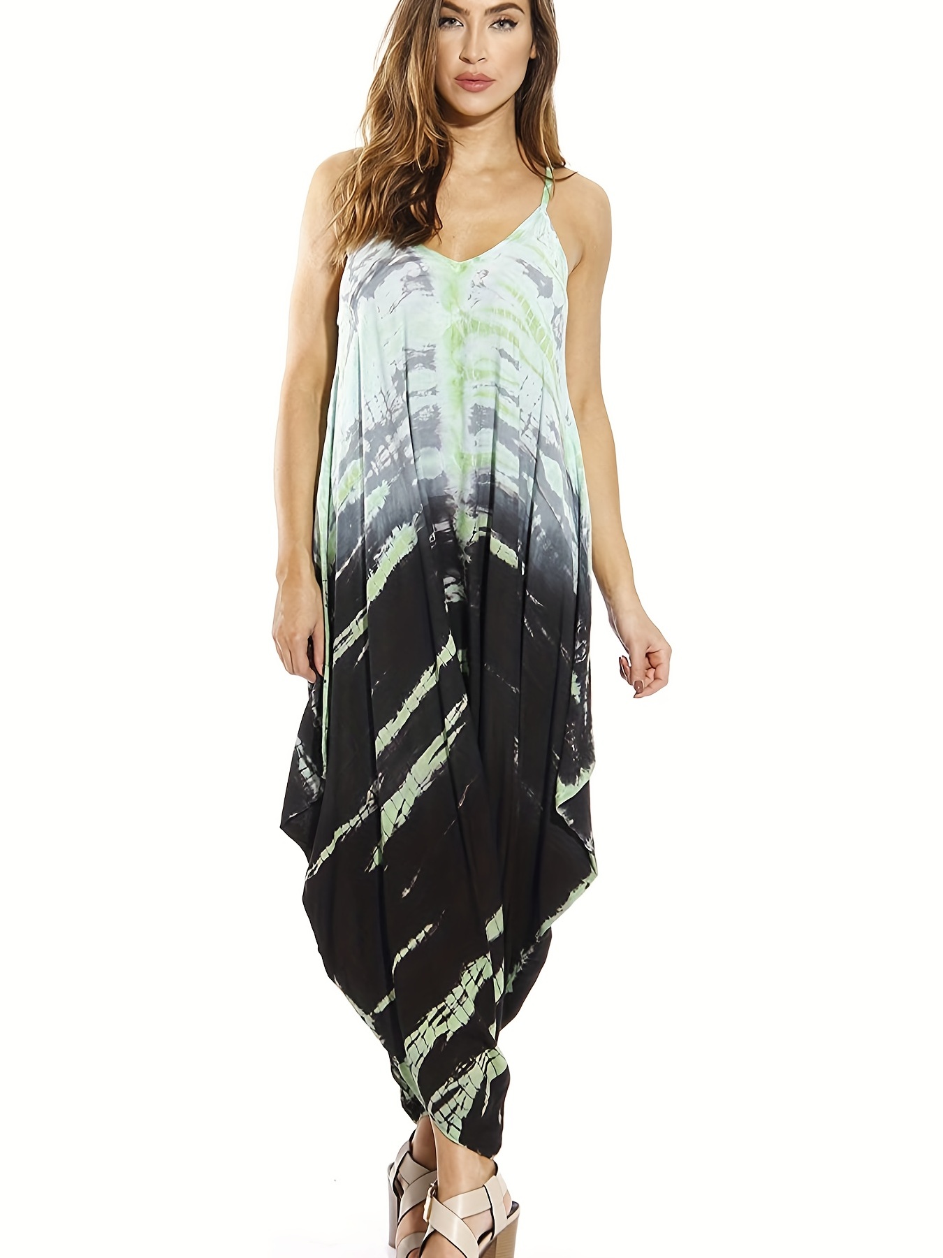 Boho Loose Tie Dye Cami Harem Pants Jumpsuit, Casual V-neck