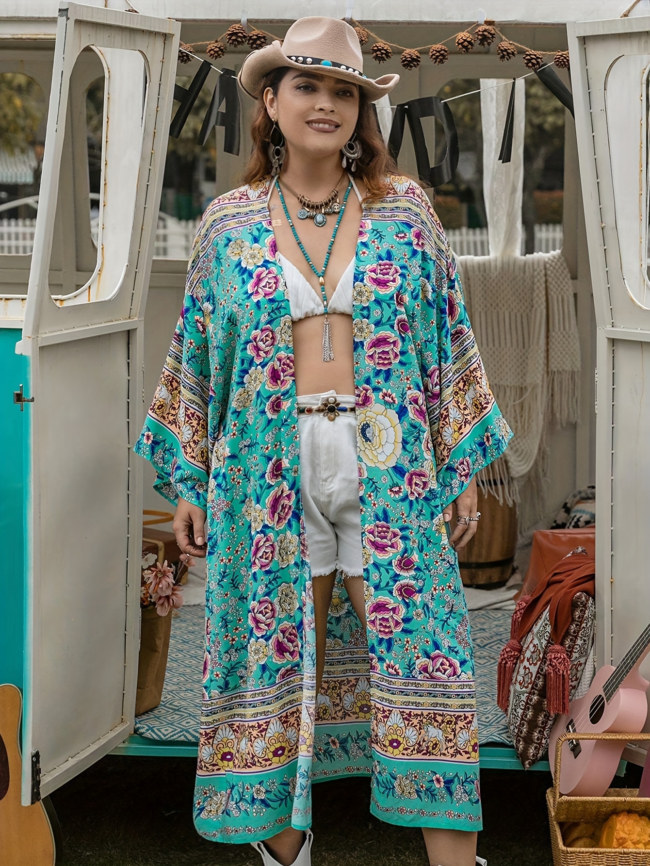 Plus Size Boho Kimono Mujer Plus Colorblock Floral Print - Temu Chile