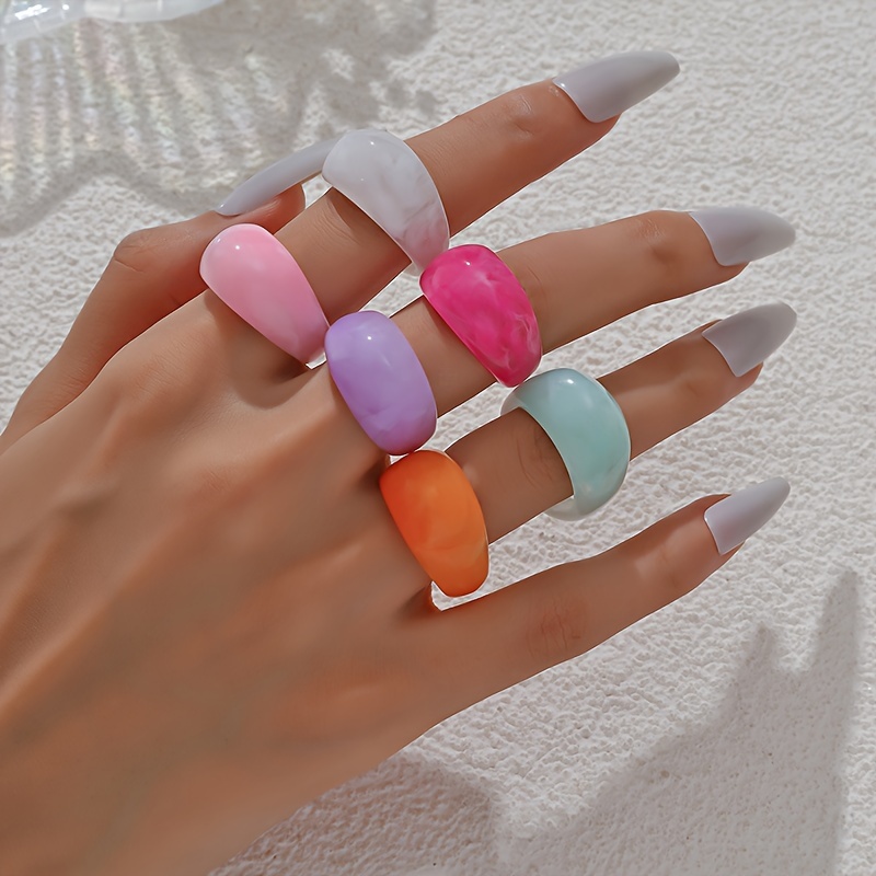 6pcs Women's Fashion Individual Ring Set Creative Colorful Transparent Acrylic Easy Round Resin Rings Suitable For Daily All-match Gifting