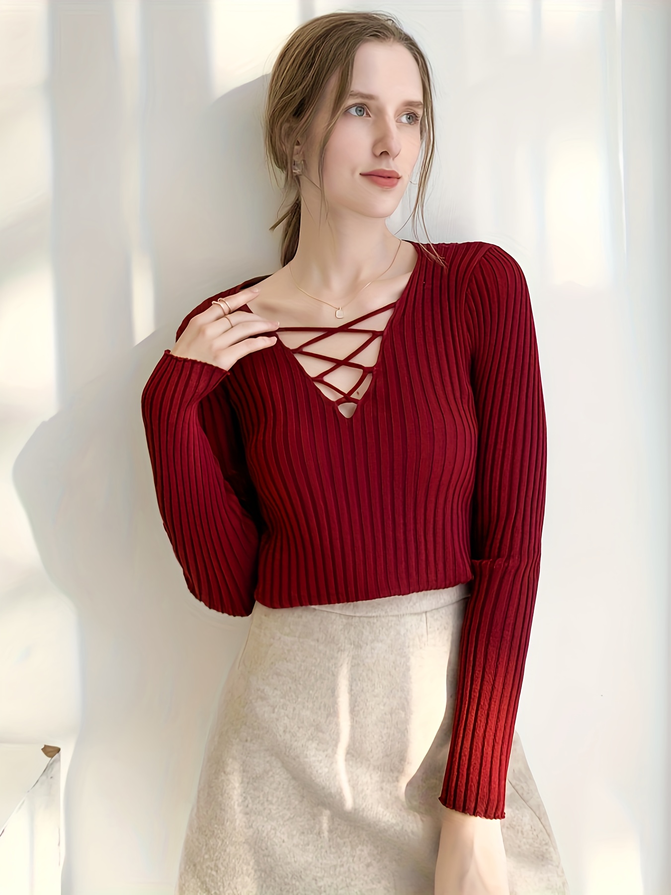 Solid Crisscross V Neck Rib Knit Sweater Elegant Long Sleeve - Temu