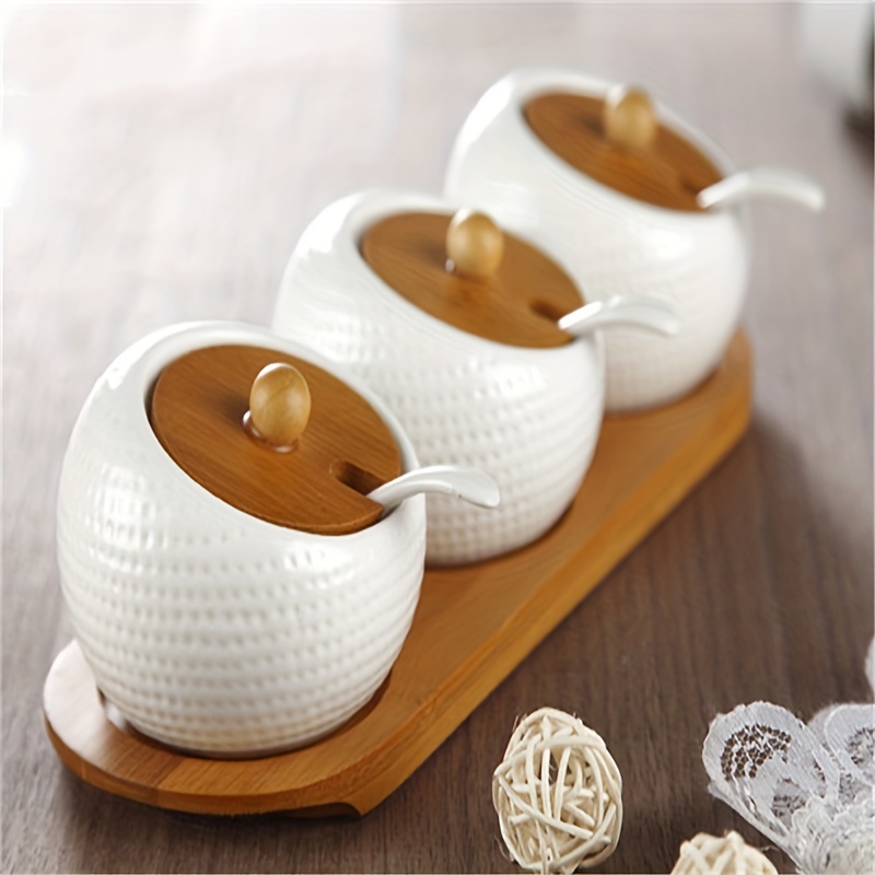 Tarros de especias de cerámica Juego de tarros de condimentos de porcelana  Caja de condimentos de cerámica de mármol, 3 macetas de condimentos para