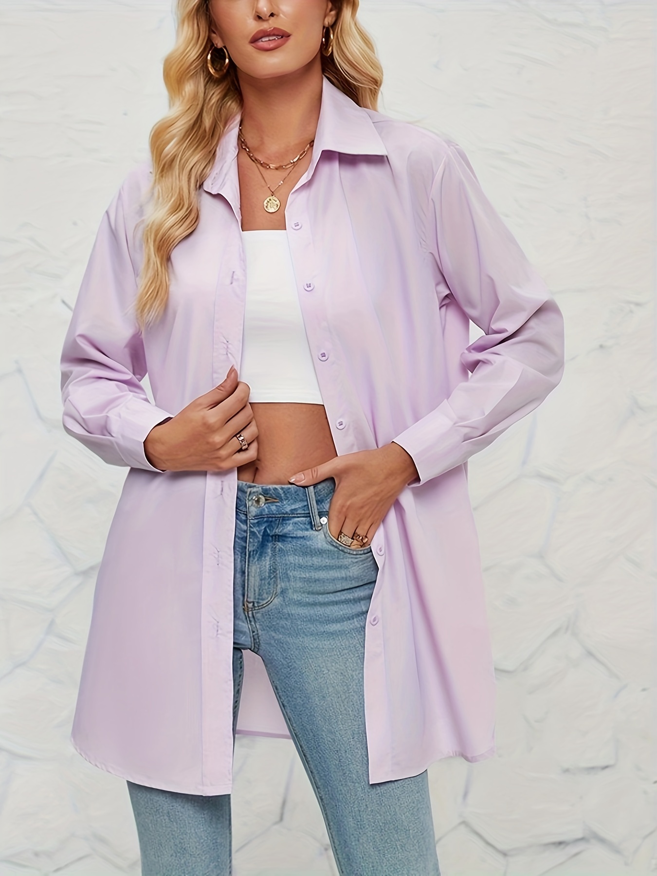 Solid Color Button Front Shirt, Casual Lapel Neck Long Sleeve Shirt For  Spring & Fall, Women's Clothing