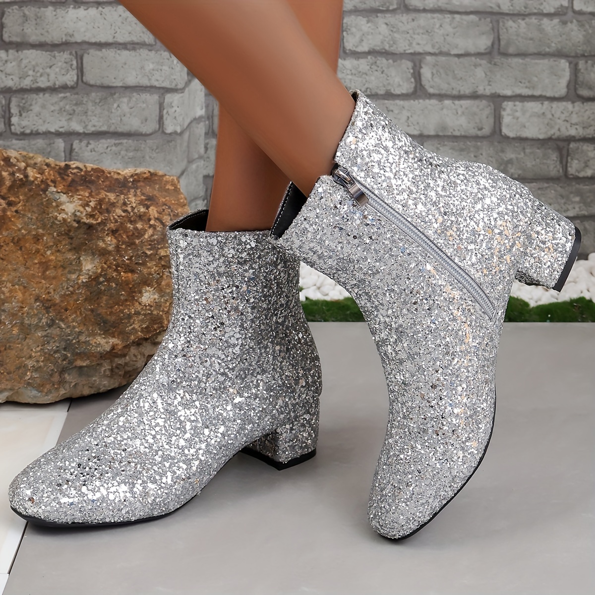 Women's Solid Color Glitter Boots Side Zipper Casual Chunky - Temu